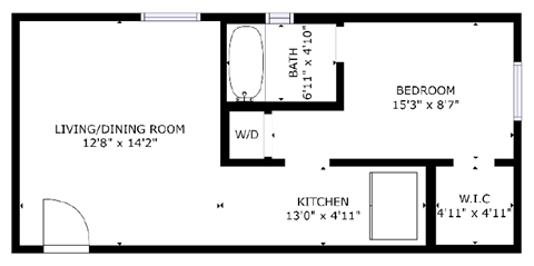 Floor plan for 1 bed, 1 bath, 444 sqft